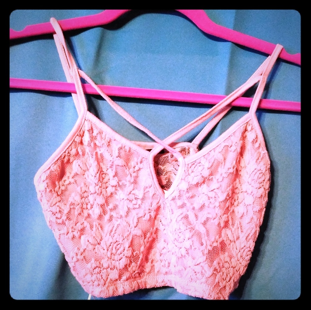 Lacey nude pink crop top with criss cross chest
